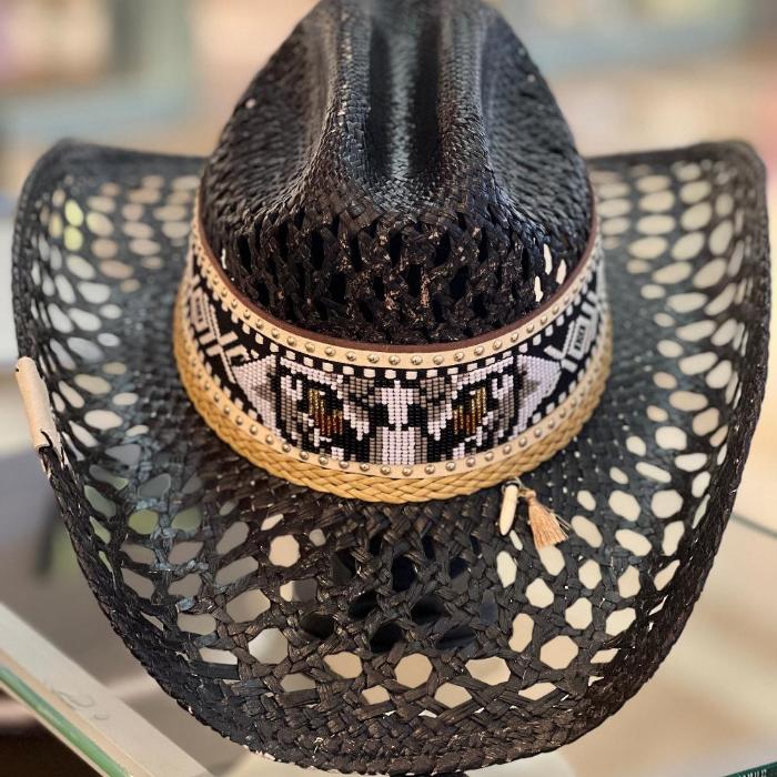 Black Woven hat, with a thick bead mosaic at the front, western style