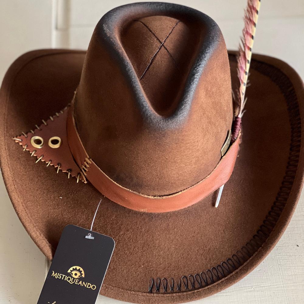 Brown felt hat with design of the edge of the brim a multicolor feather on the right side and a thick stripe at the base of the crown